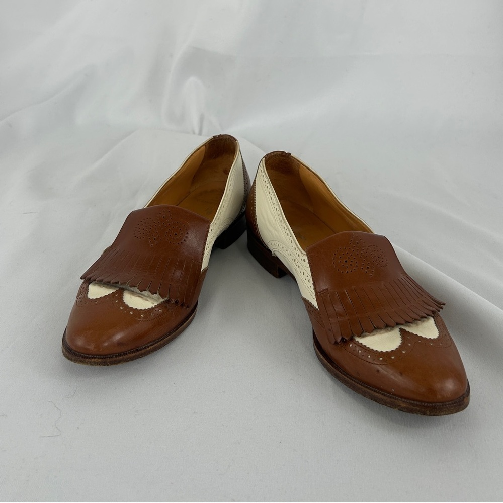 Vintage Ralph Lauren Made in Italy Brown and White Loafers with Fringe Accent